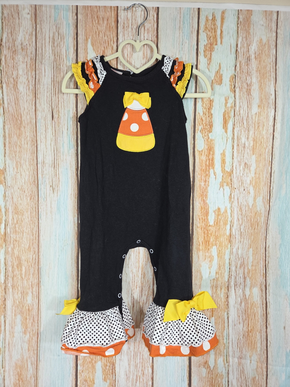 Ricrac And Ruffles Boutique Black Candy Corn Appliqué Ruffle One-Piece. Size 18m